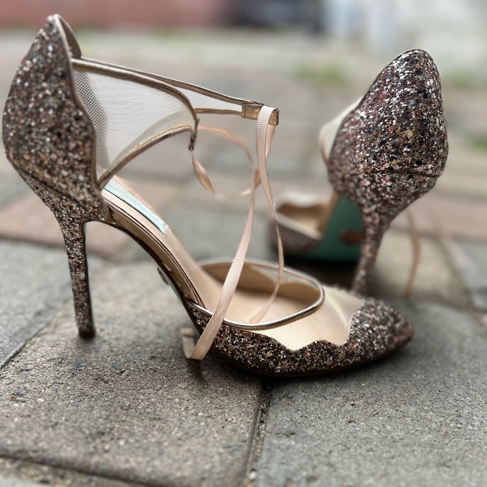 Betsey Johnson Gold and Cream Stiletto Heels with Crisscross Straps